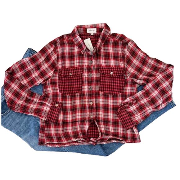 NWT Francesca's Dizzy Gal Red, Black & White Plaid Button Shirt - Picture 1 of 10